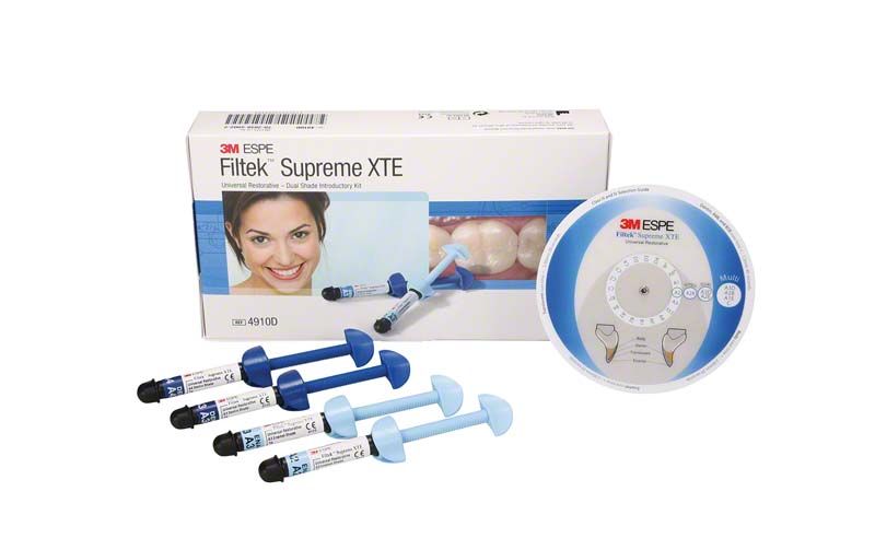 Filtek™ Supreme XTE Dual Shades Intro Kit mit mehreren blauen Spritzen und Verpackung.