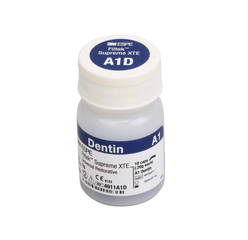 Filtek™ Supreme XTE Dentin Kapseln A1D in weißem Fläschchen mit Etikett.