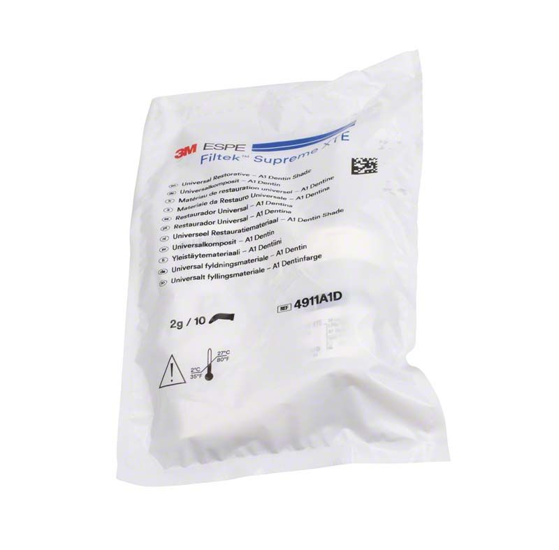 Filtek™ Supreme XTE Dentin Kapseln A1D in versiegelter weißer Verpackung mit Etikett und Symbolen.