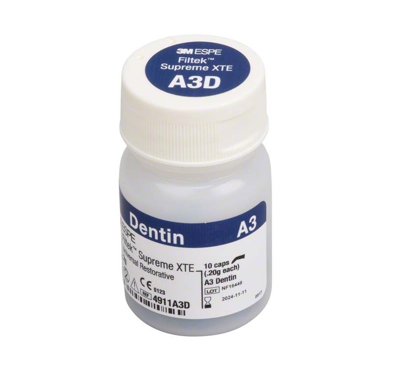 Filtek™ Supreme XTE Dentin Kapseln A3D, Nahaufnahme der Verpackungsflasche.