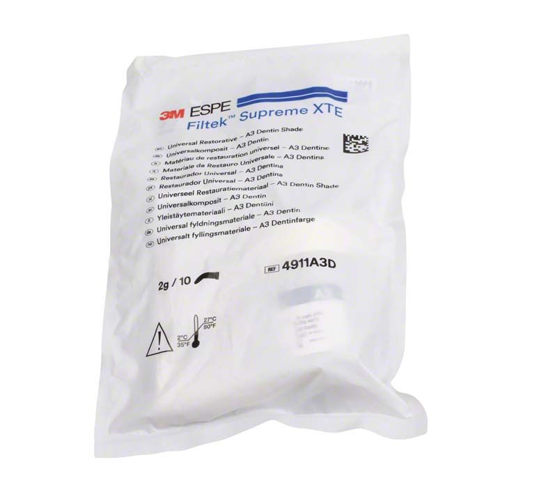 Filtek™ Supreme XTE Dentin Kapseln A3D in weißer Verpackung mit Beschriftung.