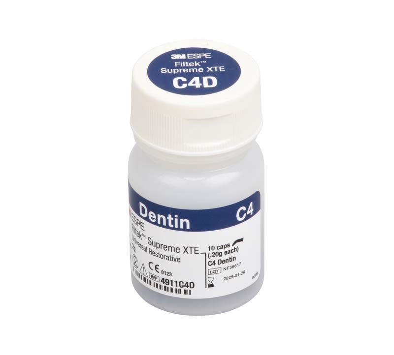 Weiße Flasche mit Filtek™ Supreme XTE Dentin Kapseln C4D Etikett.