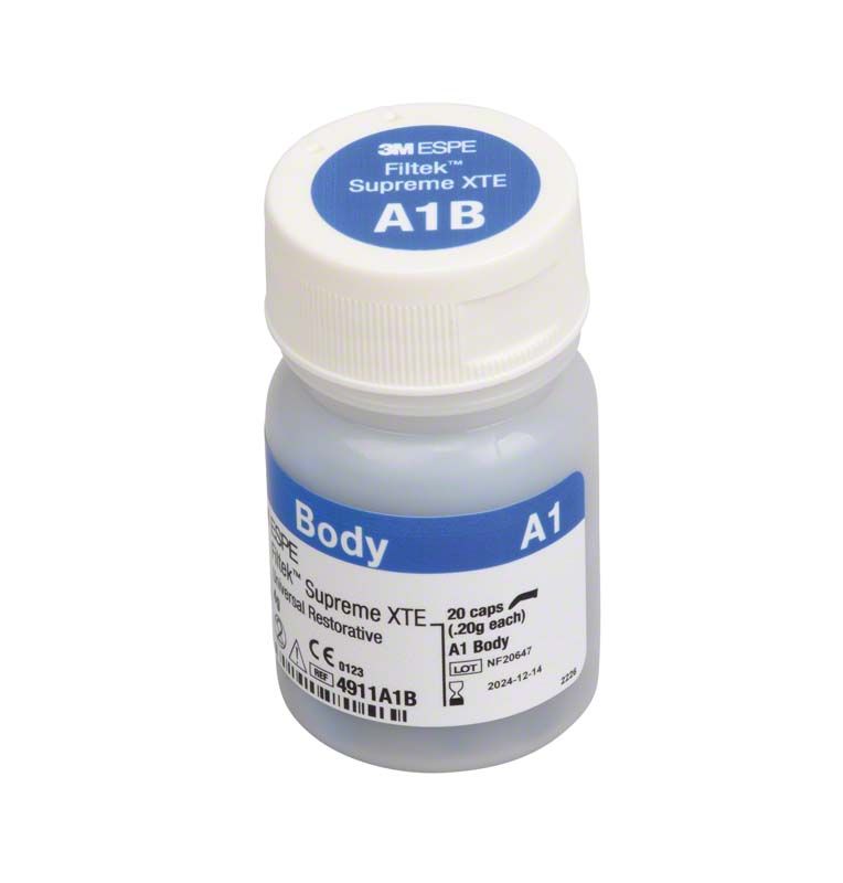 Filtek™ Supreme XTE Body Kapseln A1B in Kunststoffflasche mit Etikett.