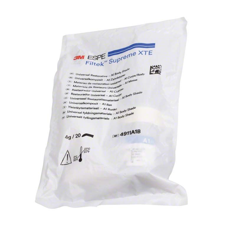 Filtek™ Supreme XTE Body Kapseln A1B in versiegelter Verpackung mit Produktspezifikationen.