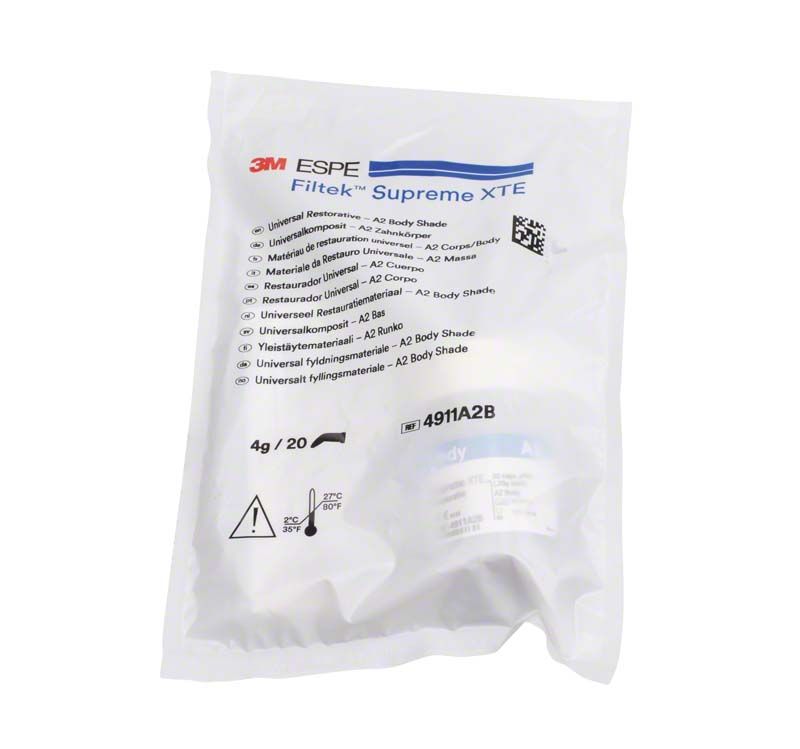 Filtek™ Supreme XTE Body Kapseln A2B in transparenter Kunststoffverpackung mit Etiketteninformationen.