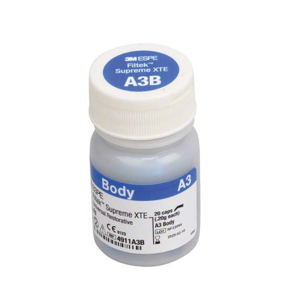Filtek™ Supreme XTE Body Kapseln A3B in Plastikflasche mit Etikett.