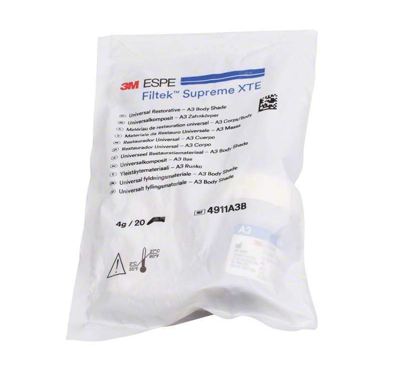 Filtek™ Supreme XTE Body Kapseln A3B in versiegelter Verpackung mit Etikett.