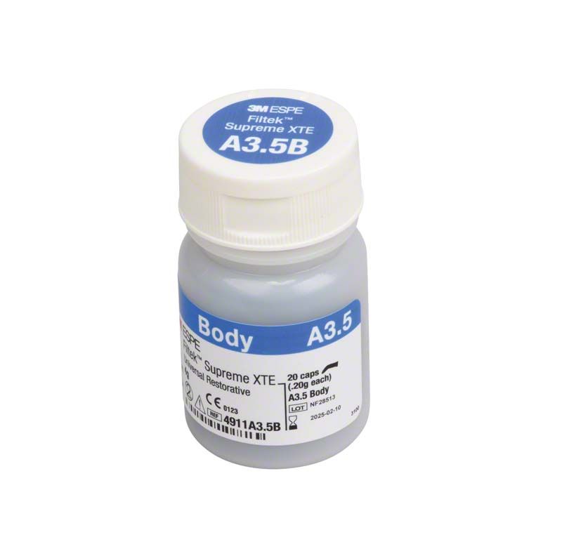 Filtek™ Supreme XTE Body Kapseln A3,5B in weißer Flasche mit Etikett.