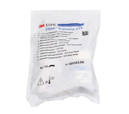 Filtek™ Supreme XTE Body Kapseln A3,5B in versiegelter Verpackung mit Etikett.