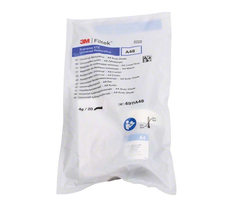Filtek™ Supreme XTE Body Kapseln A4B in versiegelter Verpackung mit Etikett.