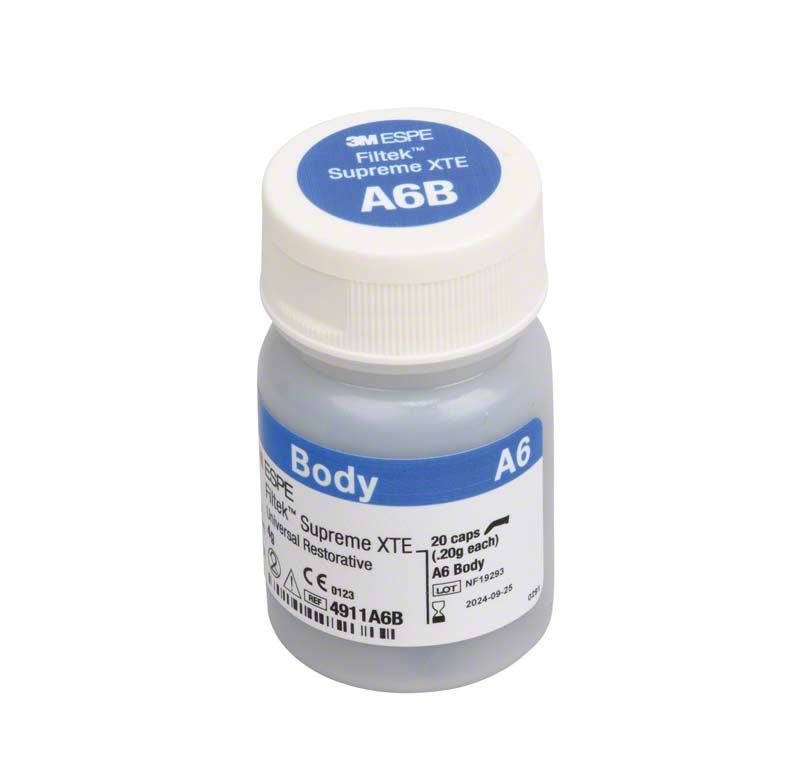 Filtek™ Supreme XTE Body Kapseln A6B in grauer Kunststoffflasche mit blauem Etikett.