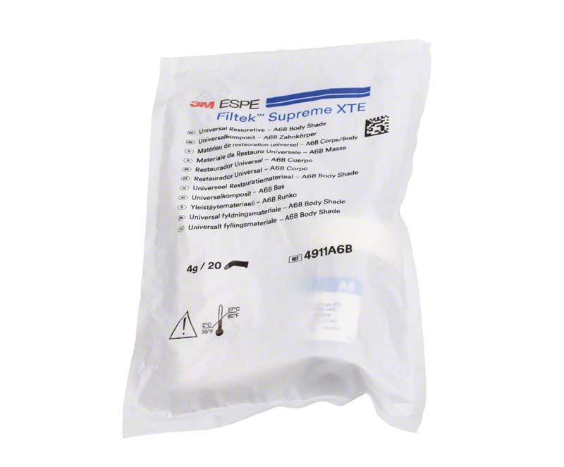 Filtek™ Supreme XTE Body Kapseln A6B in transparenter Kunststoffverpackung mit Etikett.