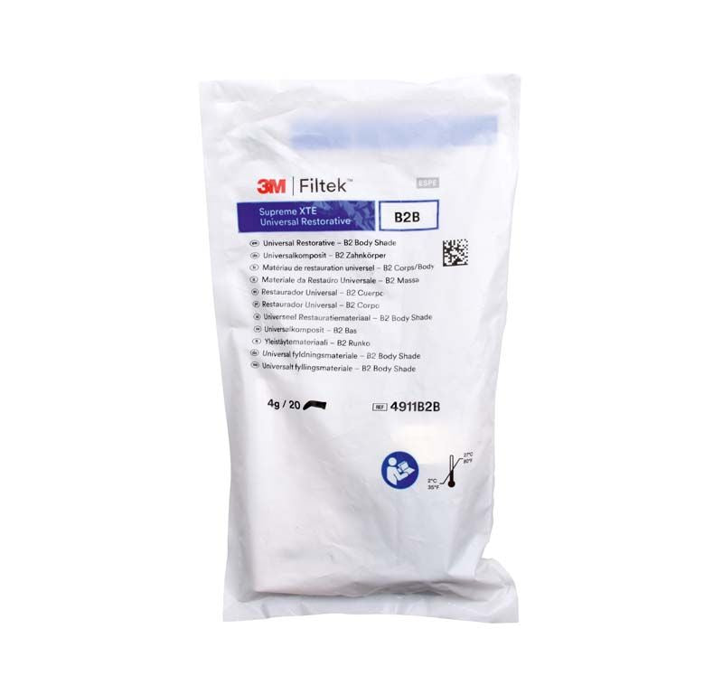 Filtek™ Supreme XTE Body Kapseln B2B in weißer Verpackung mit Produktspezifikationen.