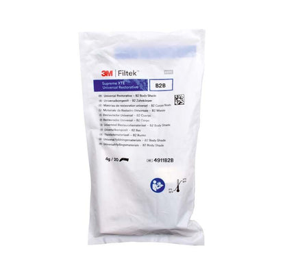 Filtek™ Supreme XTE Body Kapseln B2B in weißer Verpackung mit Produktspezifikationen.