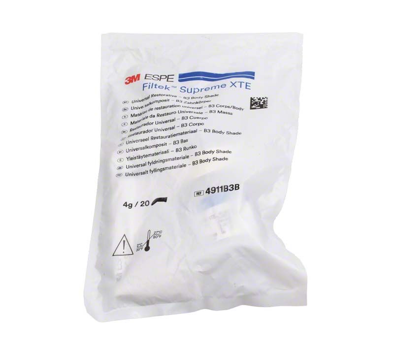 Filtek™ Supreme XTE Body Kapseln B3B in weißer Verpackung mit Produktinformationen.