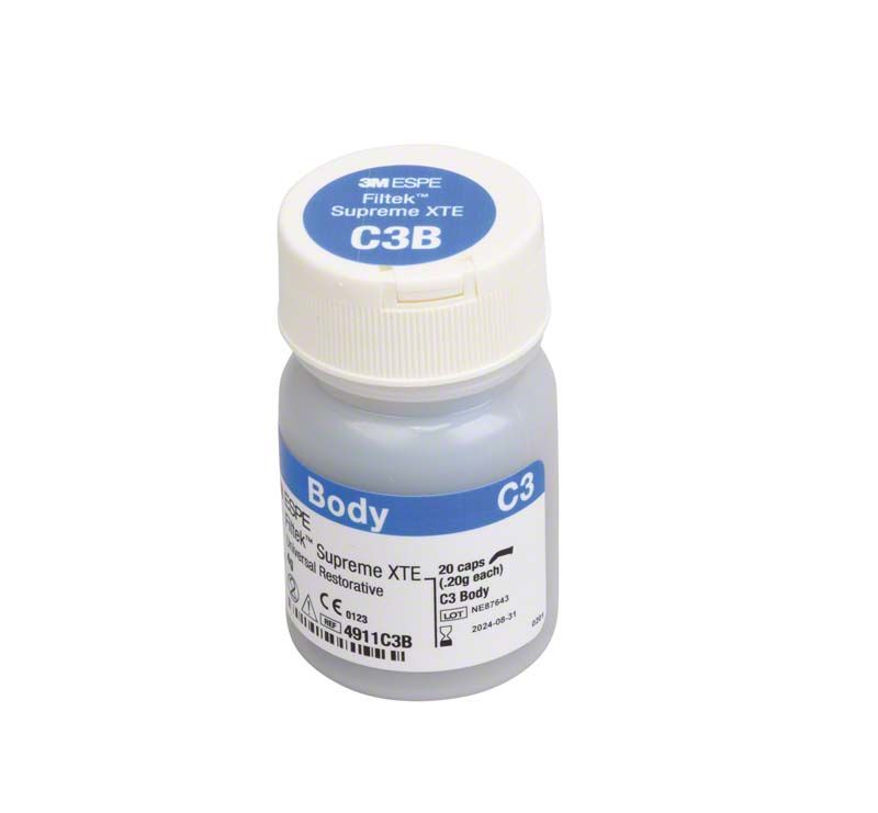 Flasche mit Filtek™ Supreme XTE Body Kapseln C3B, Detailansicht des Etiketts.