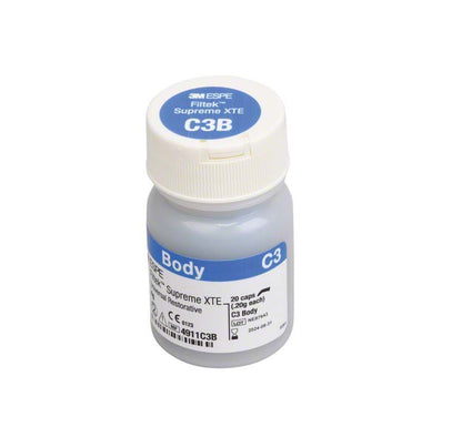 Flasche mit Filtek™ Supreme XTE Body Kapseln C3B, Detailansicht des Etiketts.