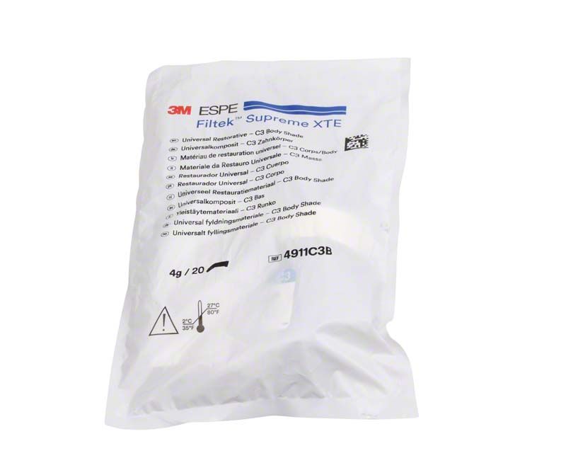 Filtek™ Supreme XTE Body Kapseln C3B in versiegelter Verpackung mit Produktinformationen.