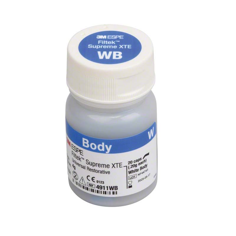 Filtek™ Supreme XTE Body Kapseln WB in weißer Kunststoffflasche mit blauem Etikett.