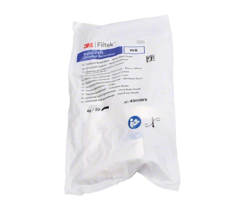 Filtek™ Supreme XTE Body Kapseln WB in weißem Beutel mit Etikett.