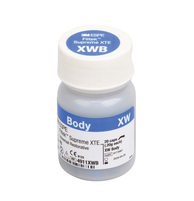 Filtek™ Supreme XTE Body Kapseln XWB in Kunststoffflasche mit Etikett.