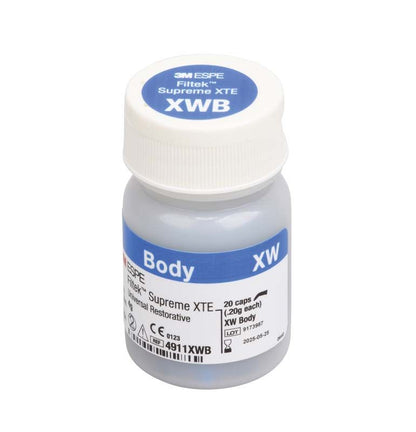 Filtek™ Supreme XTE Body Kapseln XWB in Kunststoffflasche mit Etikett.