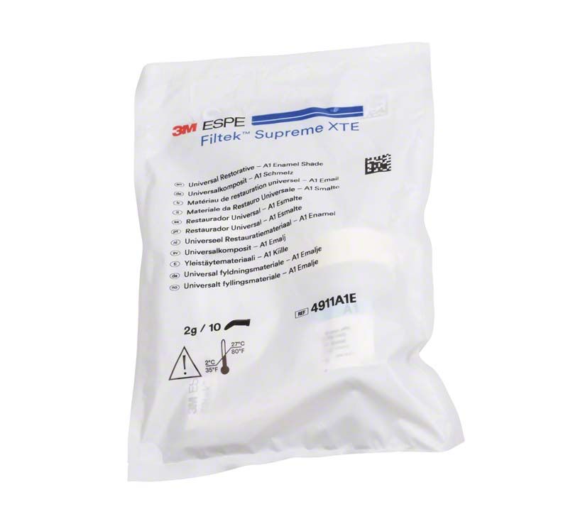 Filtek™ Supreme XTE Schmelz Kapseln A1E in versiegelter Verpackung mit Etikett und Text.