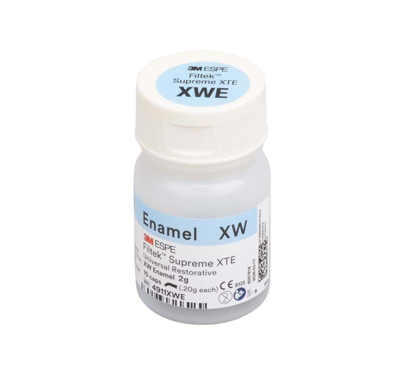 Filtek™ Supreme XTE Schmelz Kapseln XWE in weißer Kunststoffflasche mit Etikett.