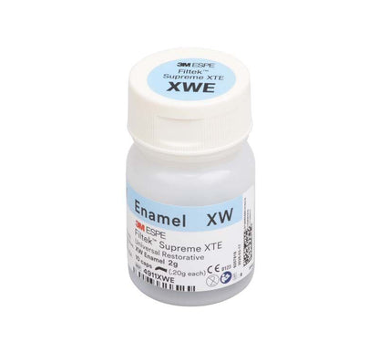 Filtek™ Supreme XTE Schmelz Kapseln XWE in weißer Kunststoffflasche mit Etikett.