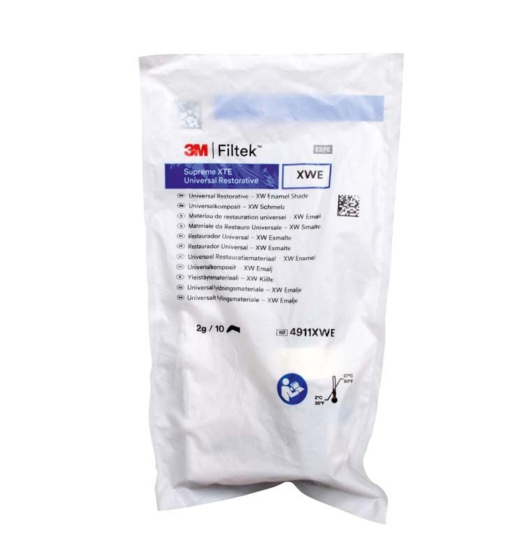 Filtek™ Supreme XTE Schmelz Kapseln XWE in versiegelter weißer Verpackung mit Etikett.