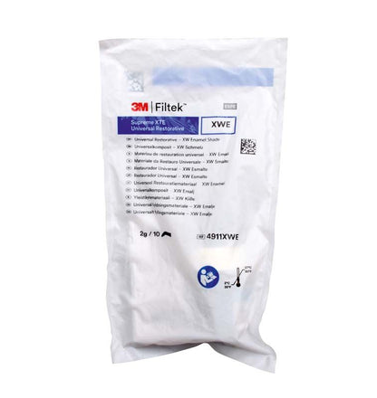 Filtek™ Supreme XTE Schmelz Kapseln XWE in versiegelter weißer Verpackung mit Etikett.