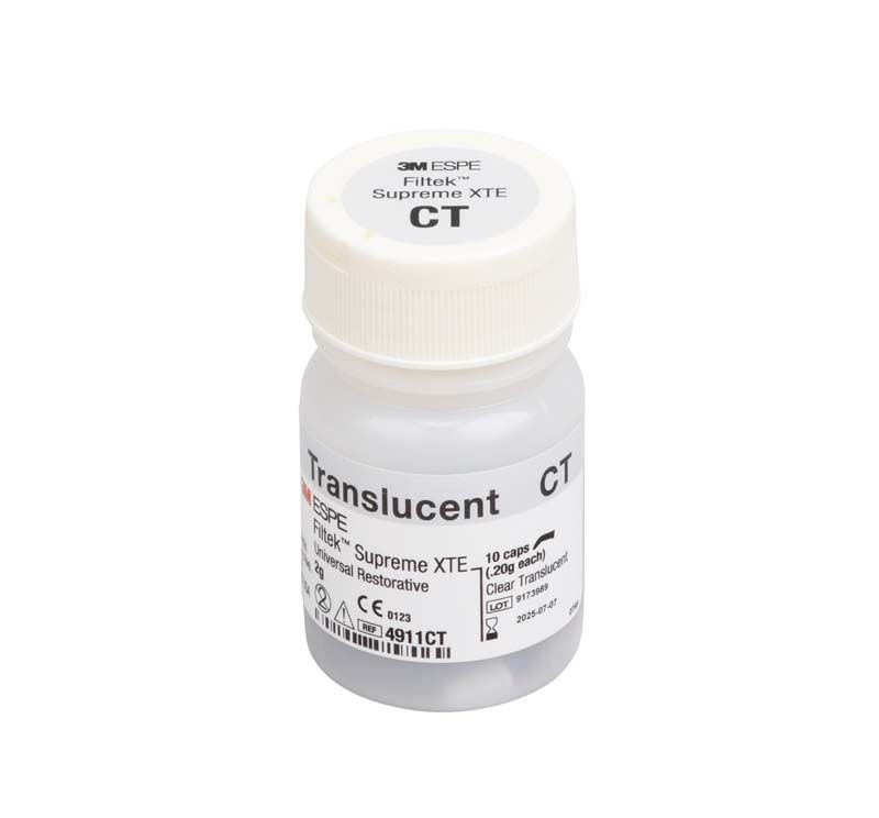 Filtek™ Supreme XTE Transluzenz Kapseln CT in weißem Fläschchen mit Etikett.