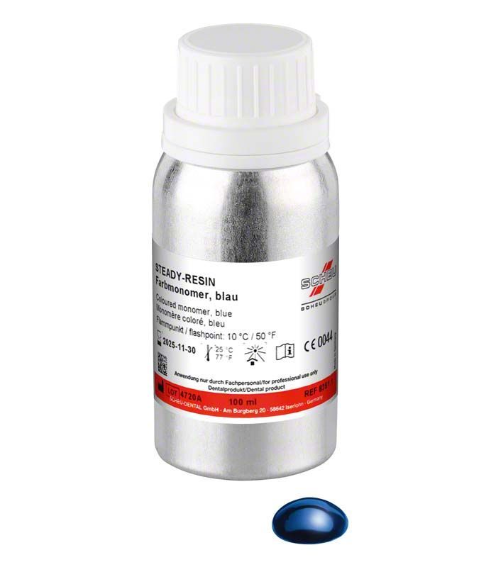 STEADY-RESIN Farbmonomere 100ml Flasche mit blauem Inhalt.