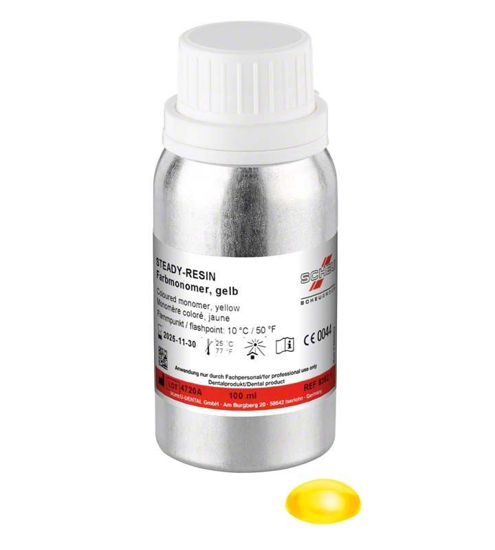 Silberne Flasche STEADY-RESIN Farbmonomere 100ml - gelb mit gelbem Tropfen.