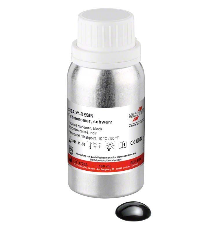 Silberne STEADY-RESIN Flasche mit schwarzem Farbmonomer und rotem Etikett.
