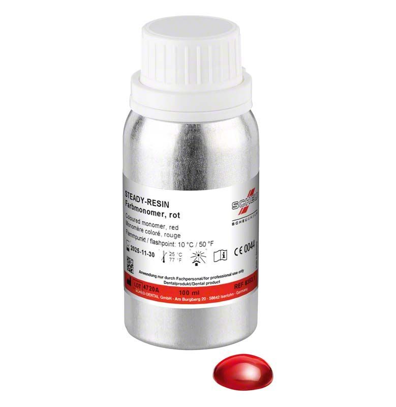 Silberne Flasche STEADY-RESIN Farbmonomere 100ml mit rotem Deckel.