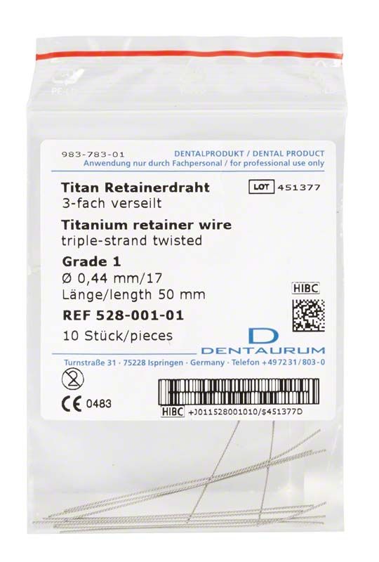 Titan Retainerdraht Grade 1, dreifach verseilt, 0,44mm, Länge 50mm, in Verpackung.