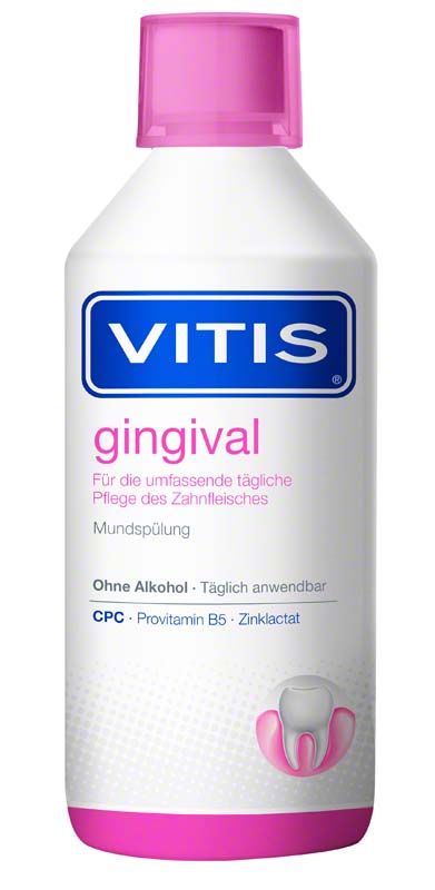 VITIS® gingival Mundspülung 500ml Flasche mit rosa Verschluss.