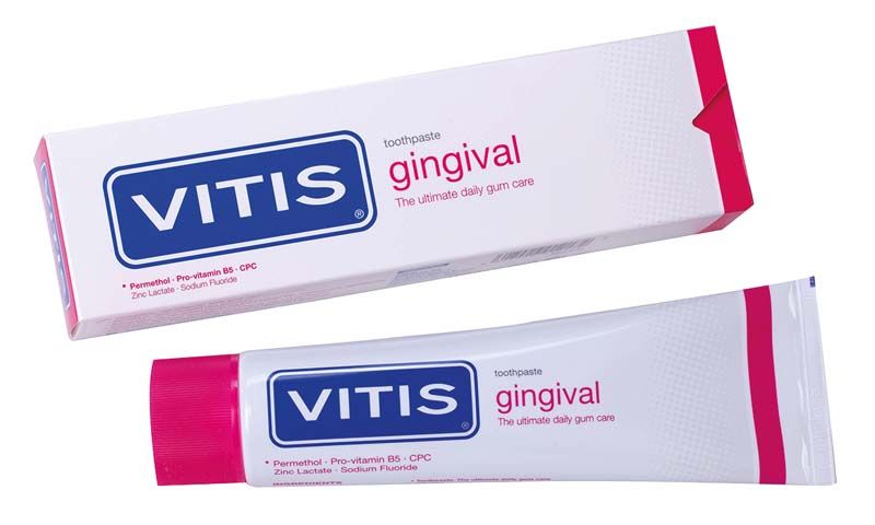 VITIS gingival Zahnpasta 100ml Tube und Verpackung für Zahnfleischpflege.