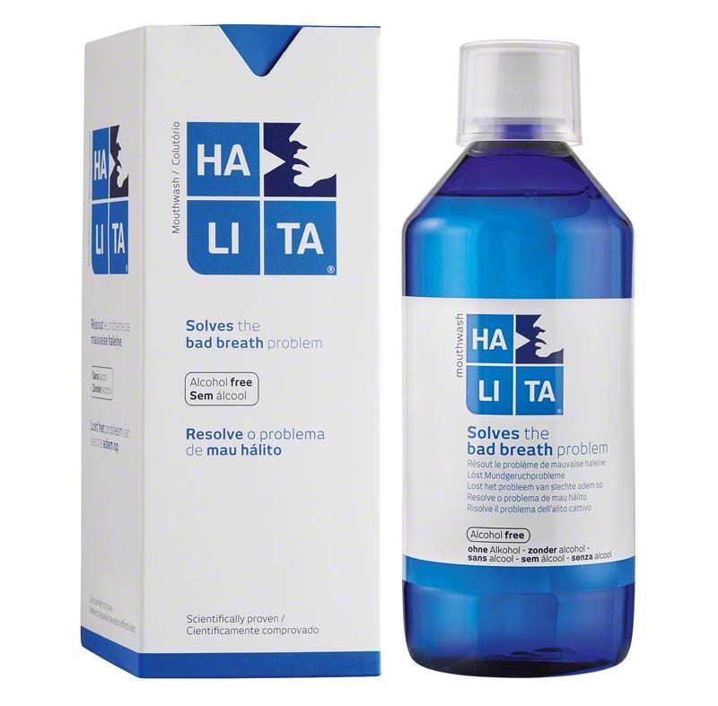 HALITA® Mundspülung 500ml Flasche und Verpackung mit Produktnamen und Beschreibung.