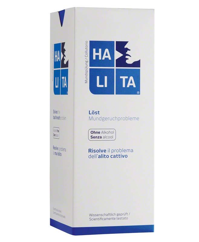 HALITA® Mundspülung 500ml Verpackung mit Logo und mehrsprachiger Beschreibung.