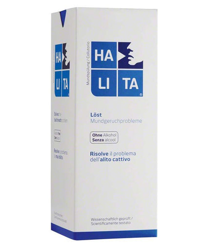 HALITA® Mundspülung 500ml Verpackung mit Logo und mehrsprachiger Beschreibung.