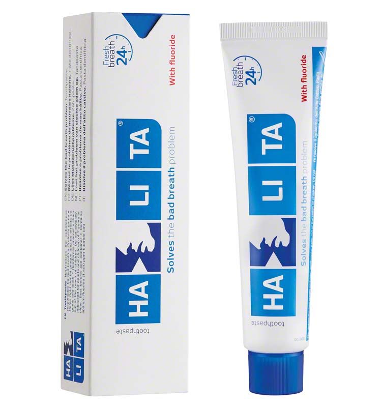 HALITA® Zahnpasta 75ml mit Verpackung, blaue und weiße Gestaltung.