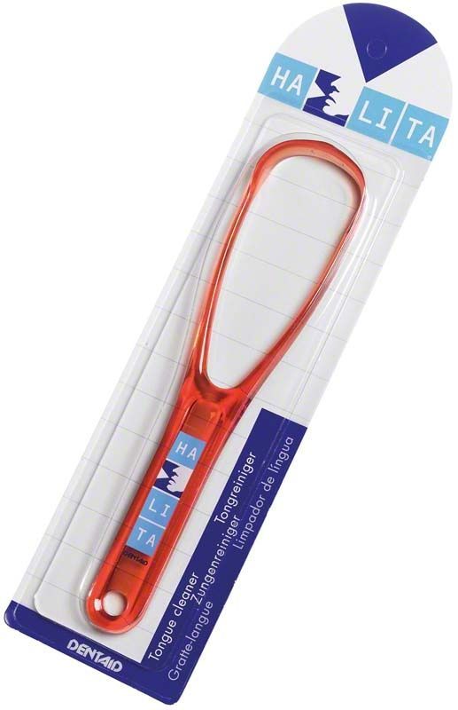 HALITA® Zungenreiniger in rotem Blister auf weißem Hintergrund