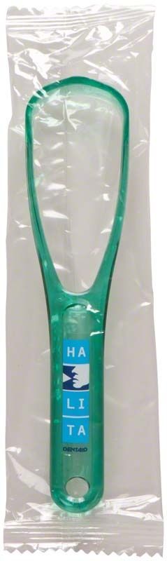 HALITA® Zungenreiniger in transparenter Verpackung mit blauem Logo.