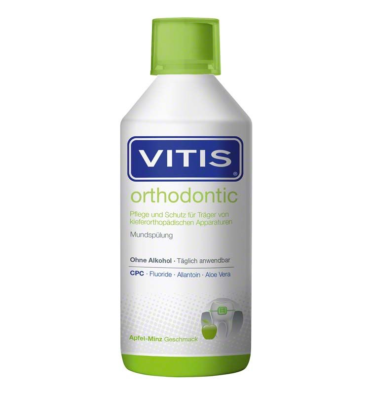 VITIS orthodontic Mundspülung 500ml Flasche mit grünem Verschluss.