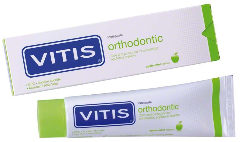 VITIS® orthodontic Zahnpasta 100ml mit Verpackung in Grün und Weiß.