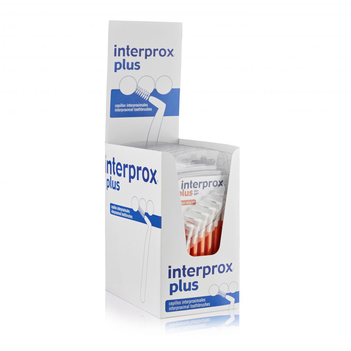Interprox® plus Box super micro mit orangefarbenem Bürstengriff in geöffneter Verpackung.