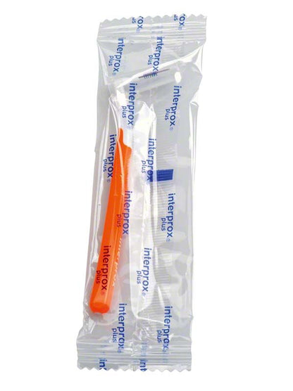 Interdentalbürste interprox® plus Box super micro mit orangefarbenem Griff in versiegelter Verpackung.