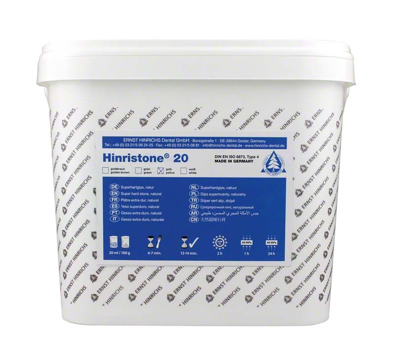 Hinristone® 20 gelber Superhartgips 10kg Eimer mit Produktinformationen.
